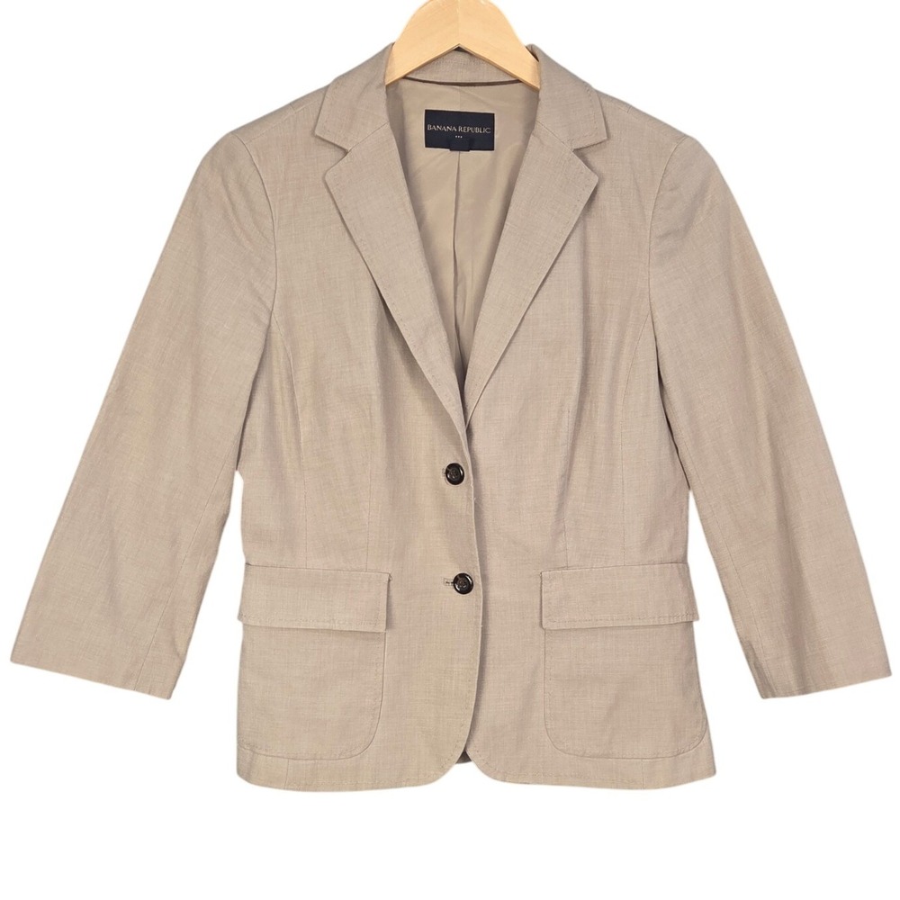 Banana Republic Blazer Women 6 Khaki Tan 2-Button Peplum Back 3/4" Sleeve Office